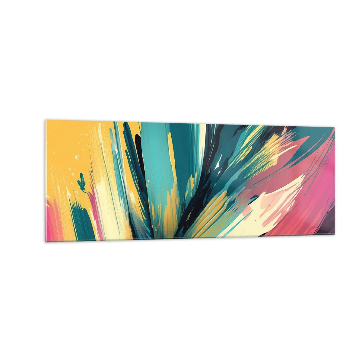 Glasbild - Bild auf glas - Eine abstrakte Komposition in intensiven und kontrastreichen Farben. - 140x50cm - Komposition – eine Explosion der Freude - Moderne Wanddekoration für Wohnzimmer und Schlafzimmer ARTTOR