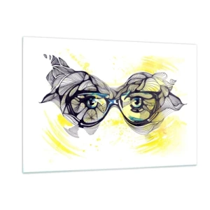 Glasbild - Bild auf glas - Brille mit kunstvollen Mustern und Augen auf gelb getöntem Hintergrund - 120x80cm - Durch blaue Brille - Moderne Wanddekoration für Wohnzimmer und Schlafzimmer ARTTOR