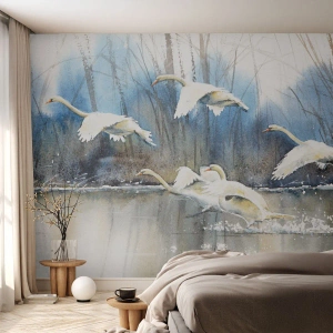 Fototapete Premium Sand - Wie im Märchen von den wilden Schwänen - Schwäne, Vögel, Landschaft - 150x105 cm