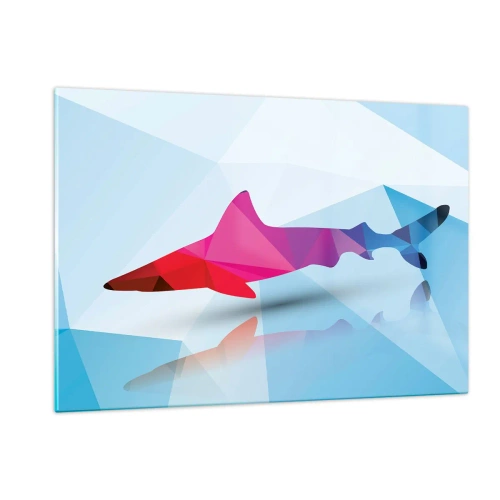 Glasbild - Bild auf glas - Geometrischer Hai in Rot- und Blautönen - 120x80cm - Ein Hai in einem Kristallraum - Moderne Wanddekoration für Wohnzimmer und Schlafzimmer ARTTOR