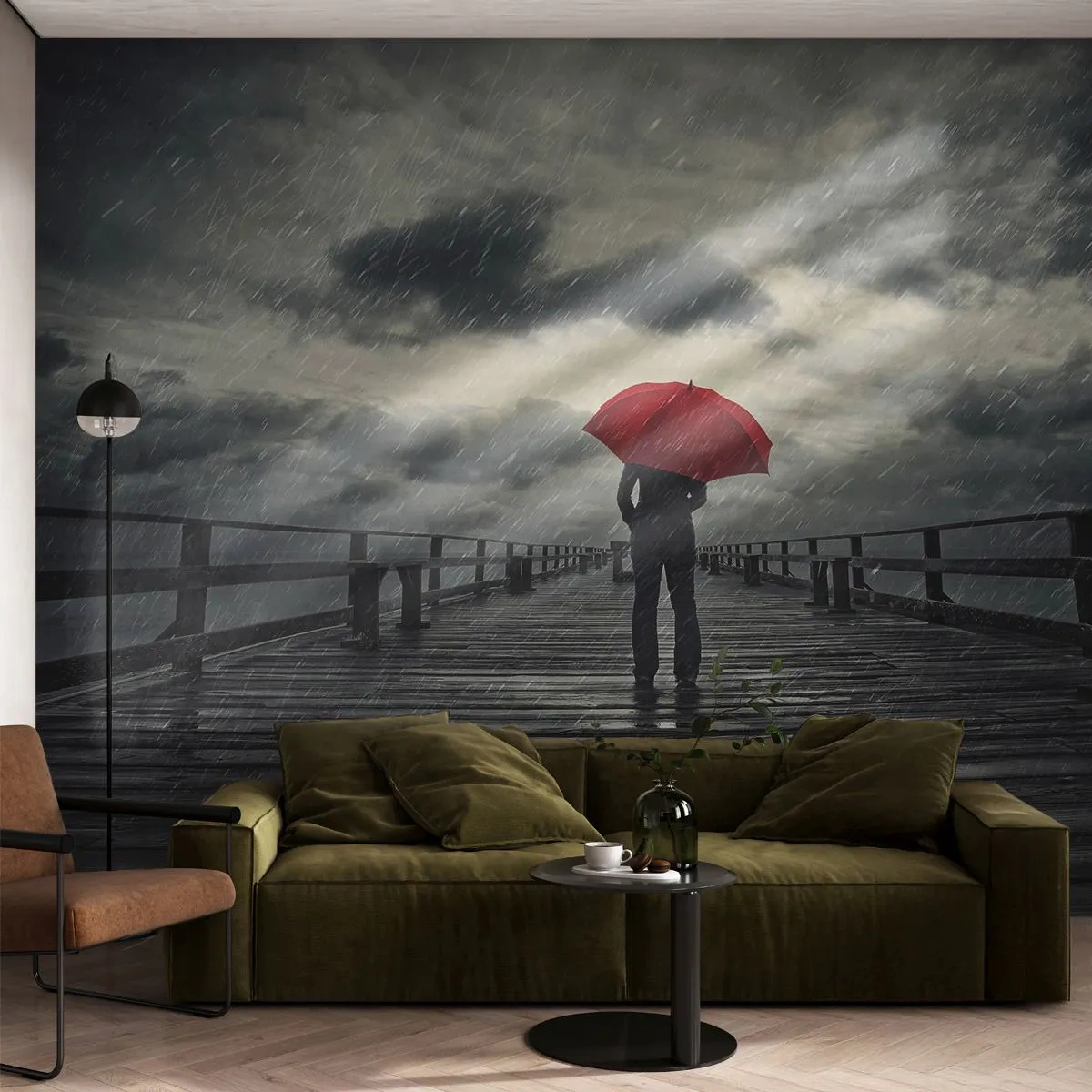 Fototapete Premium Canvas - Eine Person mit einem roten Regenschirm auf einem verregneten Pier - 100x70cm - Es ist egal, dass es regnet - Moderne Wanddekoration für Wohnzimmer und Schlafzimmer ARTTOR