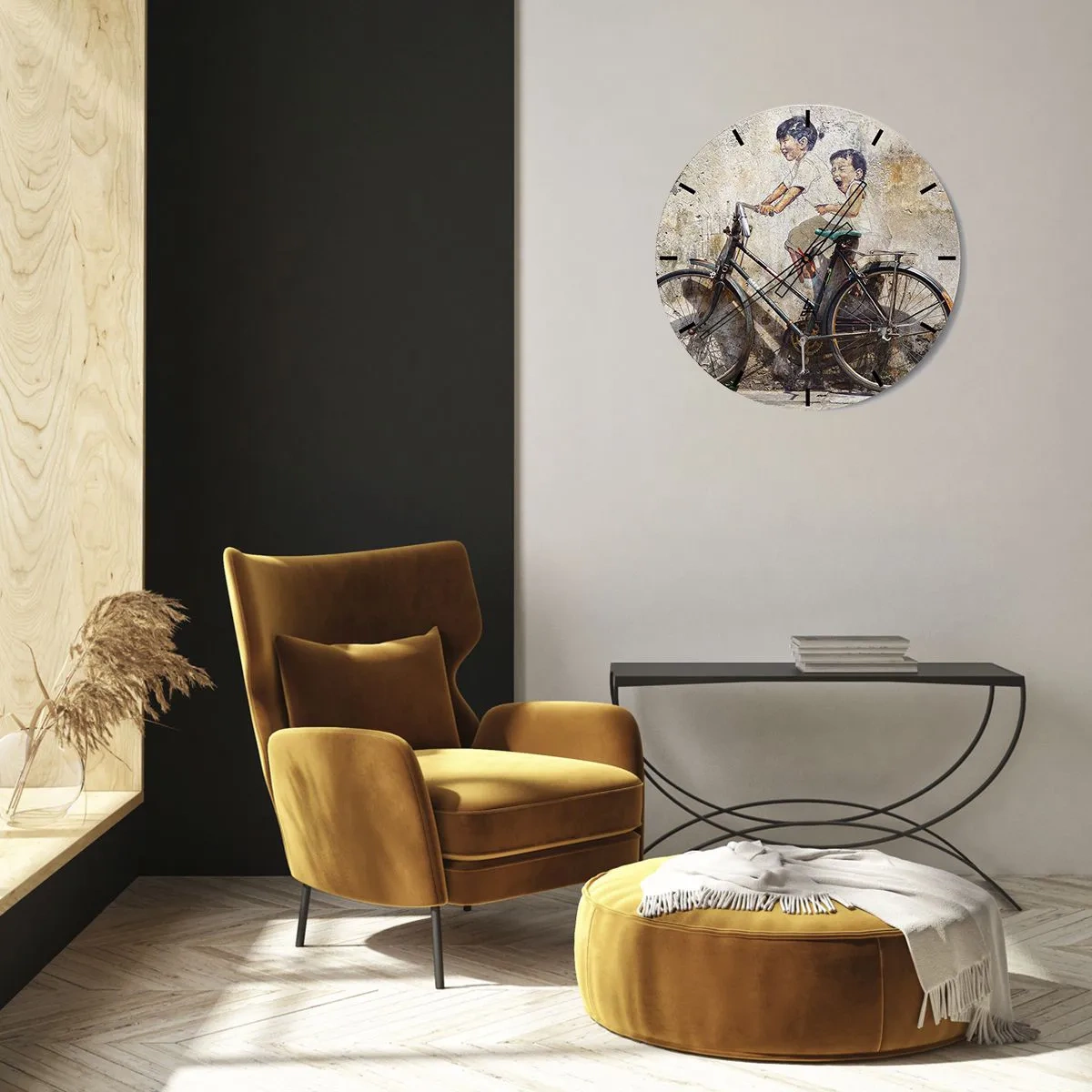 Wanduhr - Glasuhr - Eine Wand mit einem Gemälde von Kindern auf einem Fahrrad - 30x30cm - Richtig oder falsch? - Moderne Wanddekoration für Wohnzimmer, Küche und Schlafzimmer ARTTOR