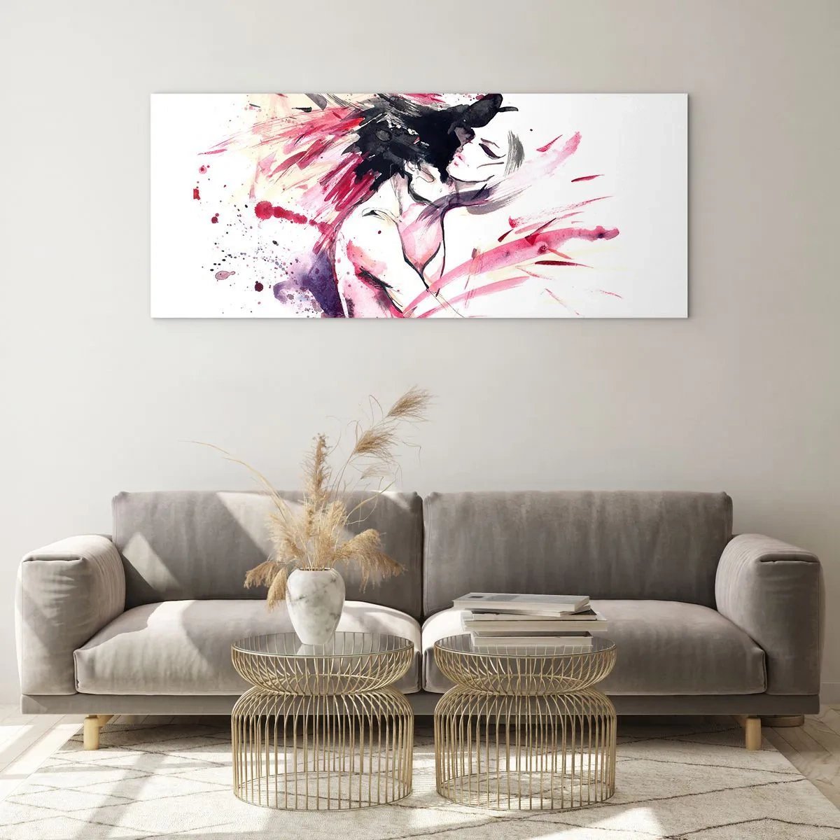 Glasbild - Bild auf glas - Abstraktes Frauenporträt mit dynamischen roten Akzenten - 140x50cm - Eine Liebeserfüllung - Moderne Wanddekoration für Wohnzimmer und Schlafzimmer ARTTOR