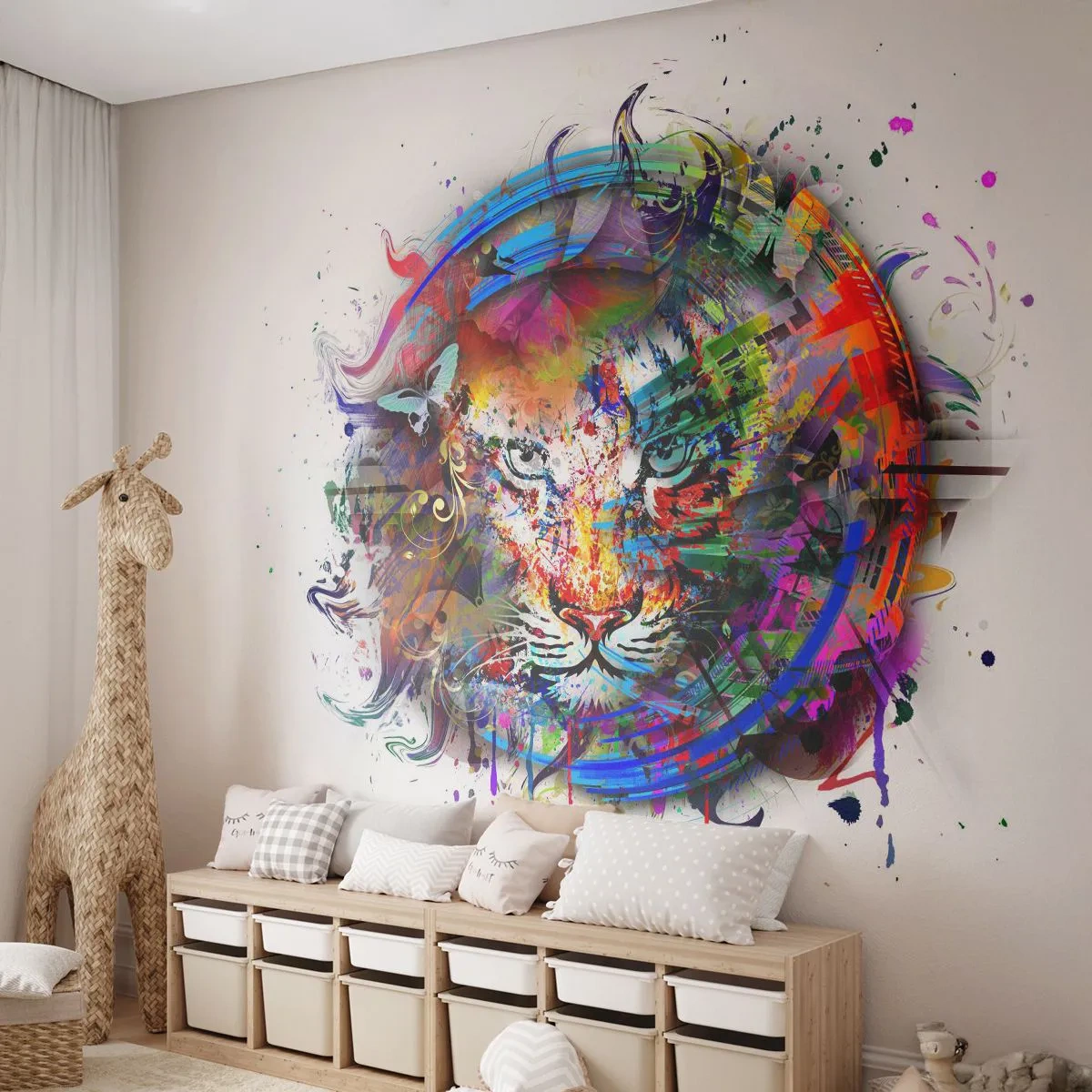Fototapete Premium Canvas - Farbenfrohes Porträt eines Löwen im abstrakten Stil - 100x70cm - Es lauert hinter einem Regenbogenschleier - Moderne Wanddekoration für Wohnzimmer und Schlafzimmer ARTTOR