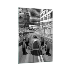 Glasbild - Bild auf glas - Monochrome Retro-Autorennen-Szene - 80x120cm - Vor langer Zeit in Monte Carlo - Moderne Wanddekoration für Wohnzimmer und Schlafzimmer ARTTOR