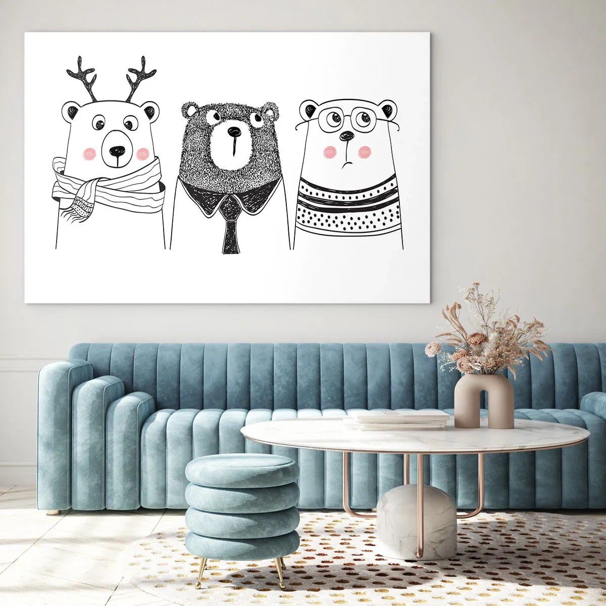 Glasbild - Bild auf glas - Drei lustige Bären in einer Schwarz-Weiß-Illustration - 70x50cm - Teddybär, Teddybär und Bär - Moderne Wanddekoration für Wohnzimmer und Schlafzimmer ARTTOR