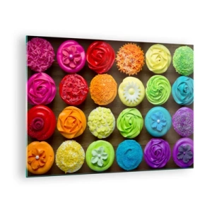 Glasbild - Bild auf glas - Bunte Cupcakes mit Dekorationen auf einem hölzernen Hintergrund - 70x50cm - Alles andere - alles lecker - Moderne Wanddekoration für Wohnzimmer und Schlafzimmer ARTTOR