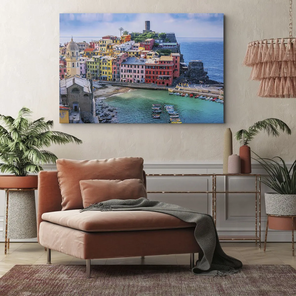 Bild auf Leinwand - Leinwandbild - Eine farbenfrohe Küstenstadt mit einem malerischen Hafen - 120x80cm - Mediterrane Zauberstadt - Moderne Wanddekoration für Wohnzimmer und Schlafzimmer ARTTOR