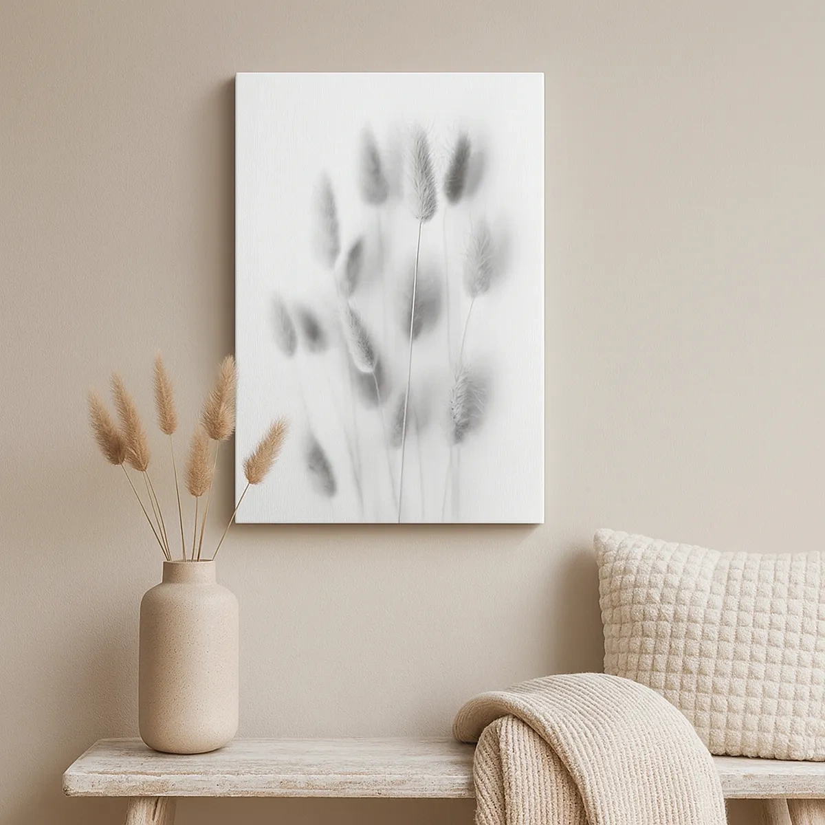 Bild auf Leinwand - Leinwandbild - Zarte Gräser in Grautönen auf weißem Hintergrund - 50x70cm - Eure flauschige Grashoheit - Moderne Wanddekoration für Wohnzimmer und Schlafzimmer ARTTOR