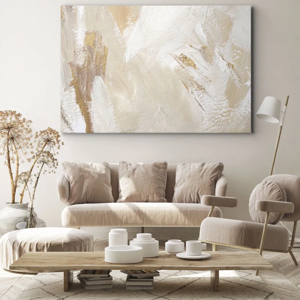 Bild auf Leinwand - Leinwandbild - Zarte abstrakte Töne in Beige- und Goldtönen - 120x80cm - Pastellkomposition - Moderne Wanddekoration für Wohnzimmer und Schlafzimmer ARTTOR