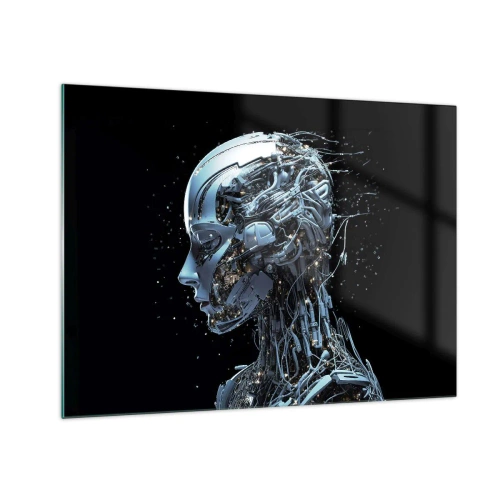 Glasbild - Bild auf glas - Profil eines weiblichen Roboters mit Drähten und Mechanismen - 70x50cm - Technologie ist eine Frau - Moderne Wanddekoration für Wohnzimmer und Schlafzimmer ARTTOR