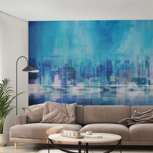 Fototapete Premium Canvas - Abstraktes Stadtpanorama in Blautönen - 100x70cm - In Blau ertrunken - Moderne Wanddekoration für Wohnzimmer und Schlafzimmer ARTTOR