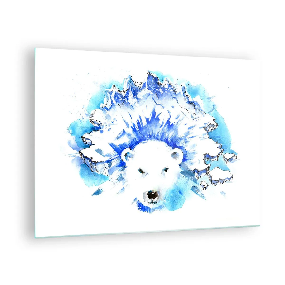 Glasbild - Bild auf glas - Ein Eisbär vor dem Hintergrund eisiger Berge in Blautönen. - 70x50cm - Der König der Arktis in einer Eiskrone - Moderne Wanddekoration für Wohnzimmer und Schlafzimmer ARTTOR