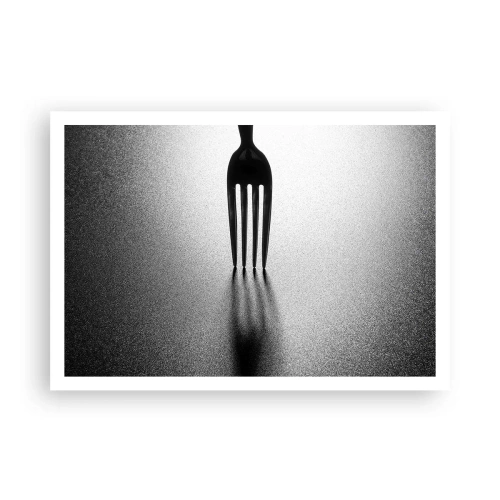 Poster - Eine minimalistische Interpretation einer Gabel in Schwarzweiß mit Schattenspiel. - 100x70cm - Licht und Schatten - Moderne Wanddekoration für Wohnzimmer und Schlafzimmer ARTTOR