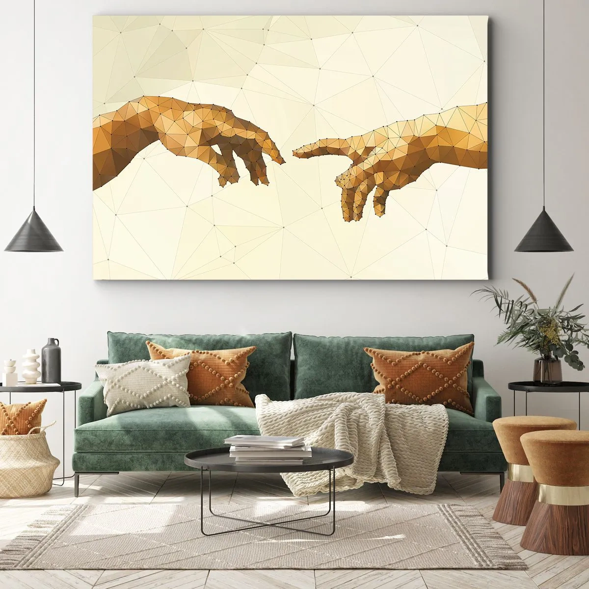 Bild auf Leinwand - Leinwandbild - Geometrische Hände, die sich vor hellem Hintergrund nacheinander ausstrecken - 120x80cm - Göttliche Geometrie - Moderne Wanddekoration für Wohnzimmer und Schlafzimmer ARTTOR