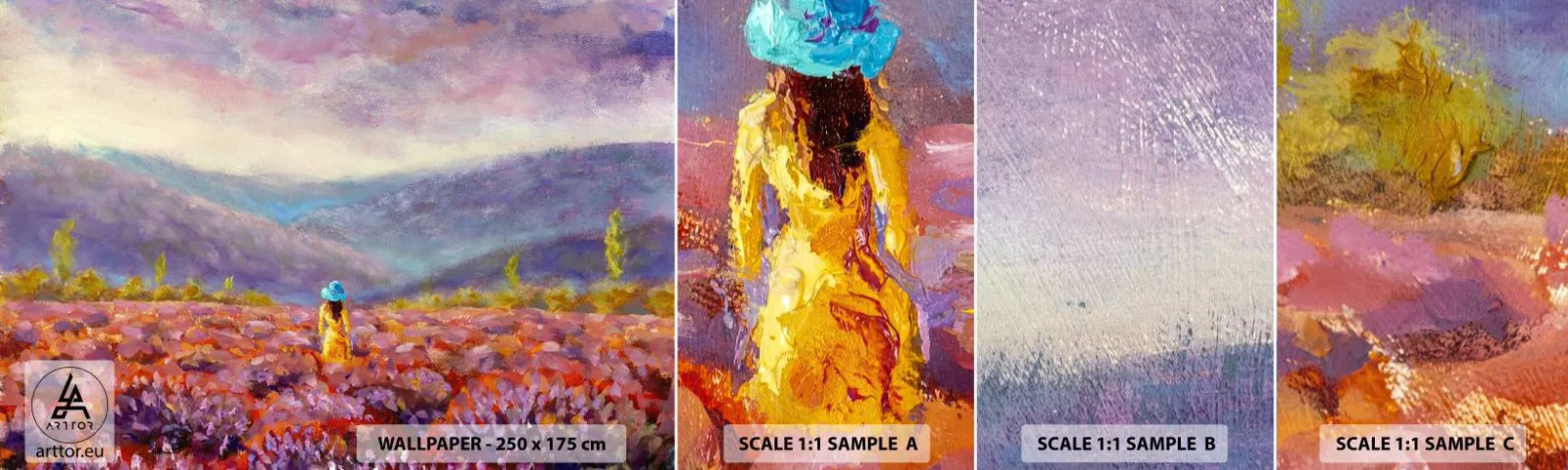 Fototapetenmuster Standard Eco - In einer Lavendelwelt - Landschaft, Frau, Lavendelfeld - 100x30 cm