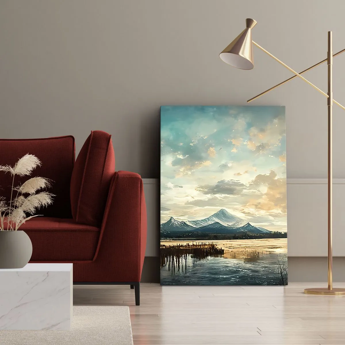 Bild auf Leinwand - Leinwandbild - Eine malerische Landschaft mit einem Berg und einem ruhigen See - 80x120cm - Unter dem Schutz des Himmels - Moderne Wanddekoration für Wohnzimmer und Schlafzimmer ARTTOR