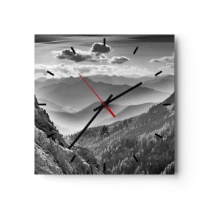 Wanduhr - Glasuhr - Schwarz-weiße Berglandschaft mit Wolken über den Gipfeln - 30x30cm - Bis zum Horizont - Moderne Wanddekoration für Wohnzimmer und Schlafzimmer ARTTOR