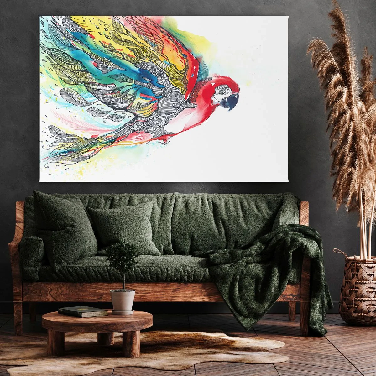 Bild auf Leinwand - Leinwandbild - Ein bunter Papagei im Flug mit abstrakten Mustern auf seinen Flügeln. - 70x50cm - Leben Sie bunt - Moderne Wanddekoration für Wohnzimmer und Schlafzimmer ARTTOR