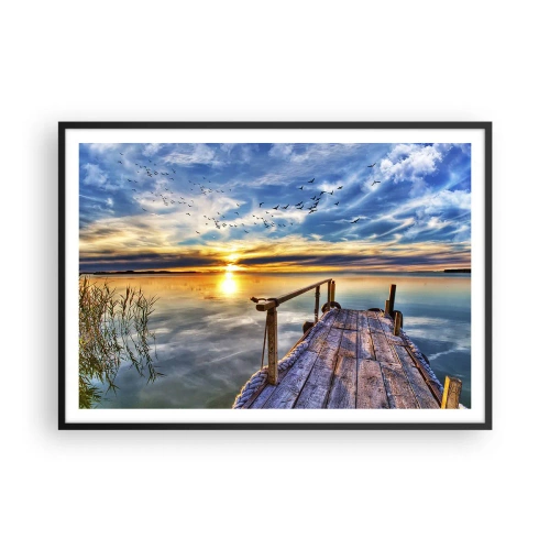 Poster in einem schwarzem Rahmen - Holzsteg über dem See bei Sonnenuntergang - 100x70cm - Der Wind geht zur Ruhe - Moderne Wanddekoration für Wohnzimmer und Schlafzimmer ARTTOR