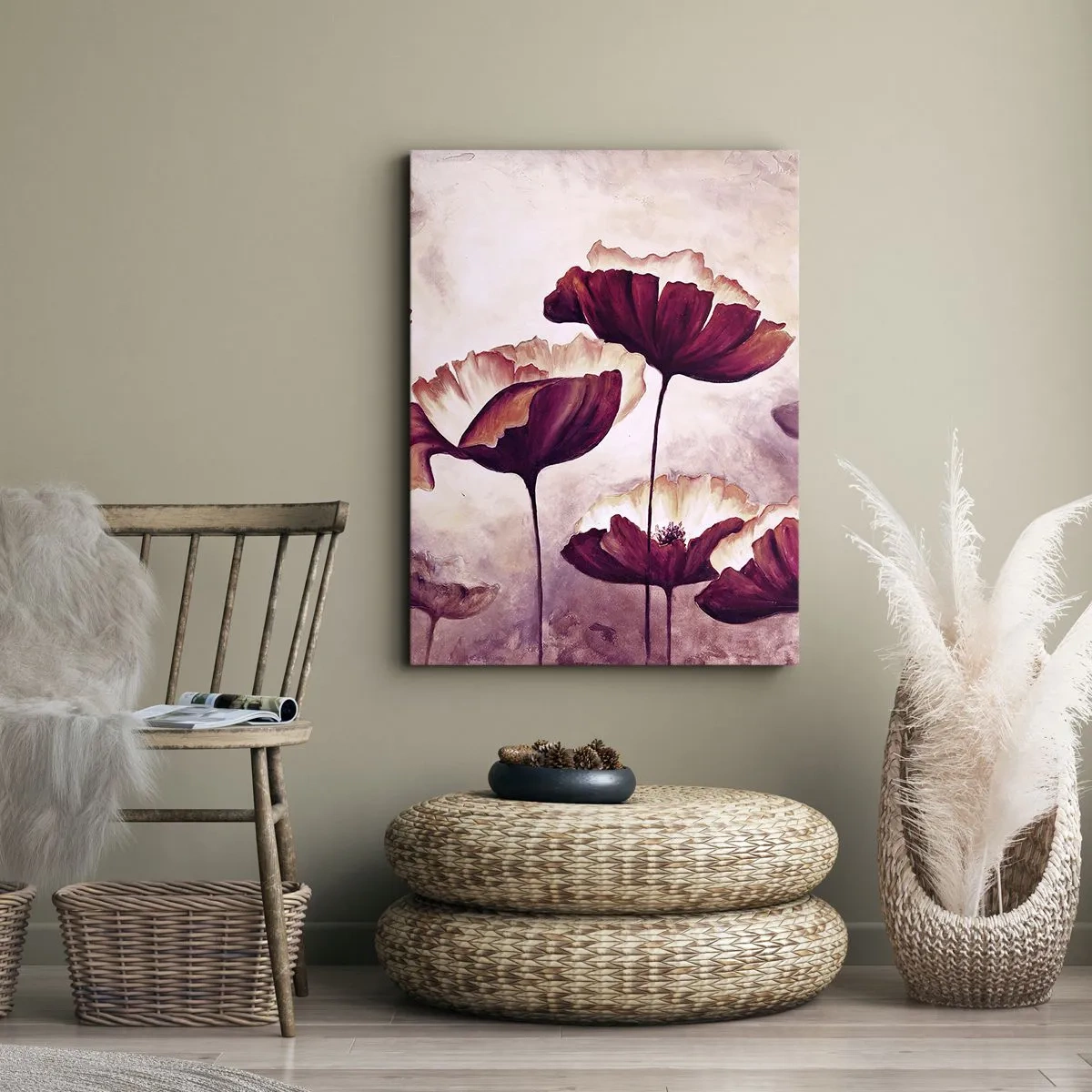 Bild auf Leinwand - Leinwandbild - Blumen in Rot- und Weißtönen auf dezentem Hintergrund - 50x70cm - Rotes und weißes Blütenblatt - Moderne Wanddekoration für Wohnzimmer und Schlafzimmer ARTTOR