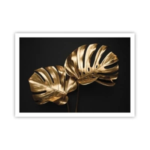 Poster - Goldene Monstera-Blätter auf schwarzem Hintergrund - 100x70cm - Die Schätze der Natur - Moderne Wanddekoration für Wohnzimmer und Schlafzimmer ARTTOR