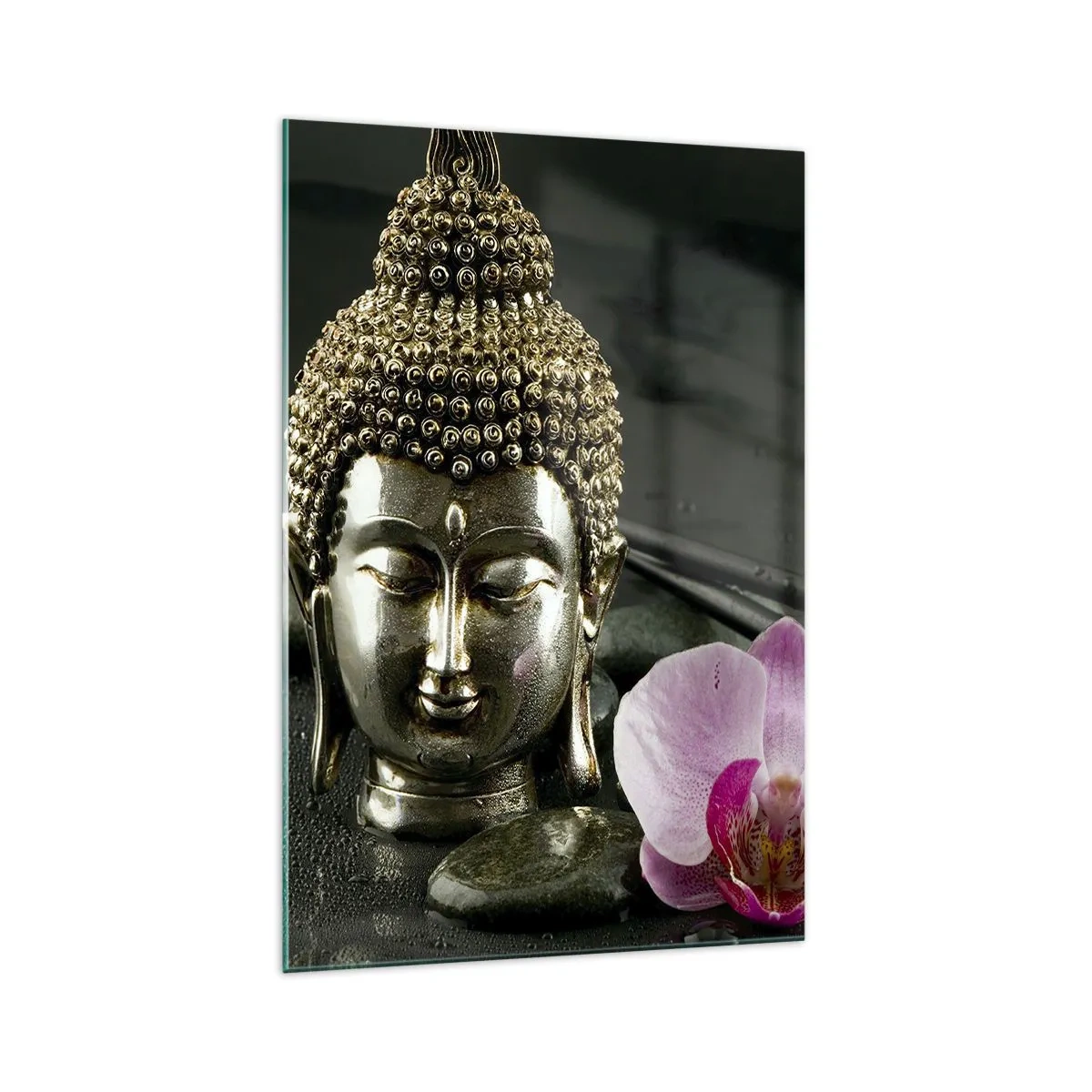 Glasbild - Bild auf glas - Eine Buddha-Statuette mit Orchidee und Essstäbchen vor einem Hintergrund aus Steinen - 70x100cm - Harmonie von Weisheit und Schönheit - Moderne Wanddekoration für Wohnzimmer und Schlafzimmer ARTTOR