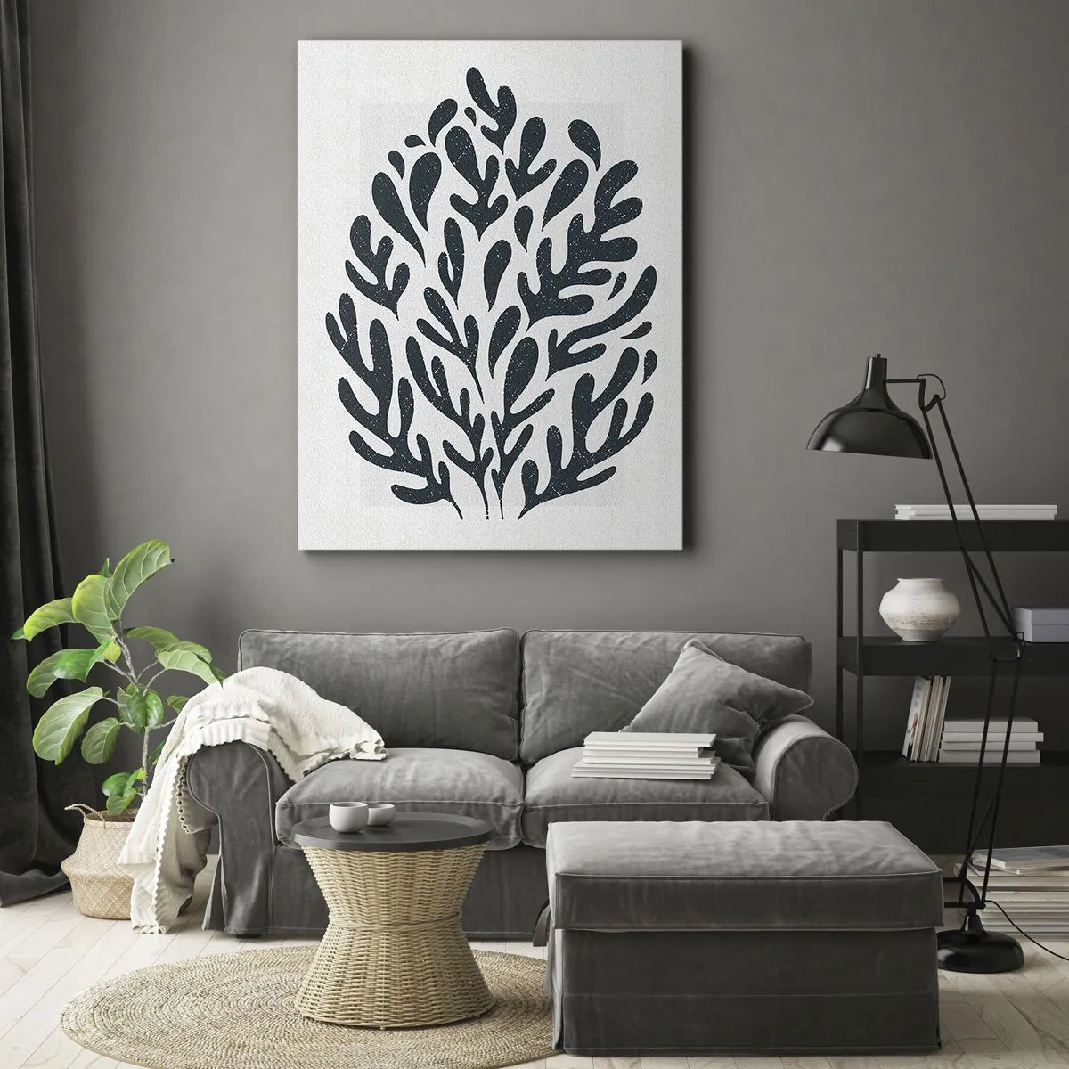 Bild auf Leinwand - Leinwandbild - Dunkles abstraktes Blattmotiv auf hellem Hintergrund - 50x70cm - Formen der Natur - Moderne Wanddekoration für Wohnzimmer und Schlafzimmer ARTTOR