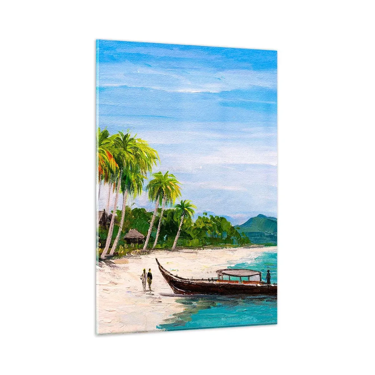 Glasbild - Bild auf glas - Ein exotischer Strand mit Palmen und einem Boot am Ufer - 80x120cm - Exotischer Traum - Moderne Wanddekoration für Wohnzimmer und Schlafzimmer ARTTOR