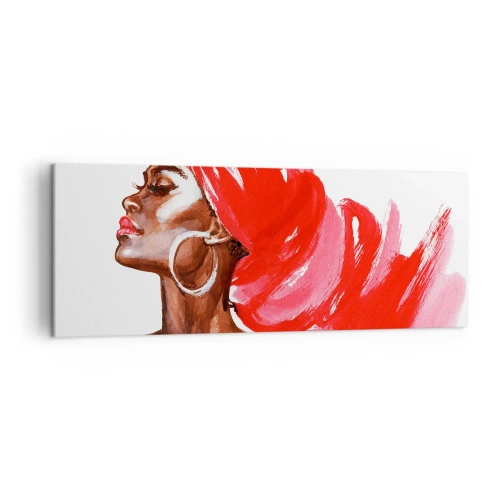 Bild auf Leinwand - Leinwandbild - Profil einer Frau mit rotem Turban und Ohrringen - 140x50cm - Es weht ein Wind, der die Nase eines Mannes öffnet - Moderne Wanddekoration für Wohnzimmer und Schlafzimmer ARTTOR