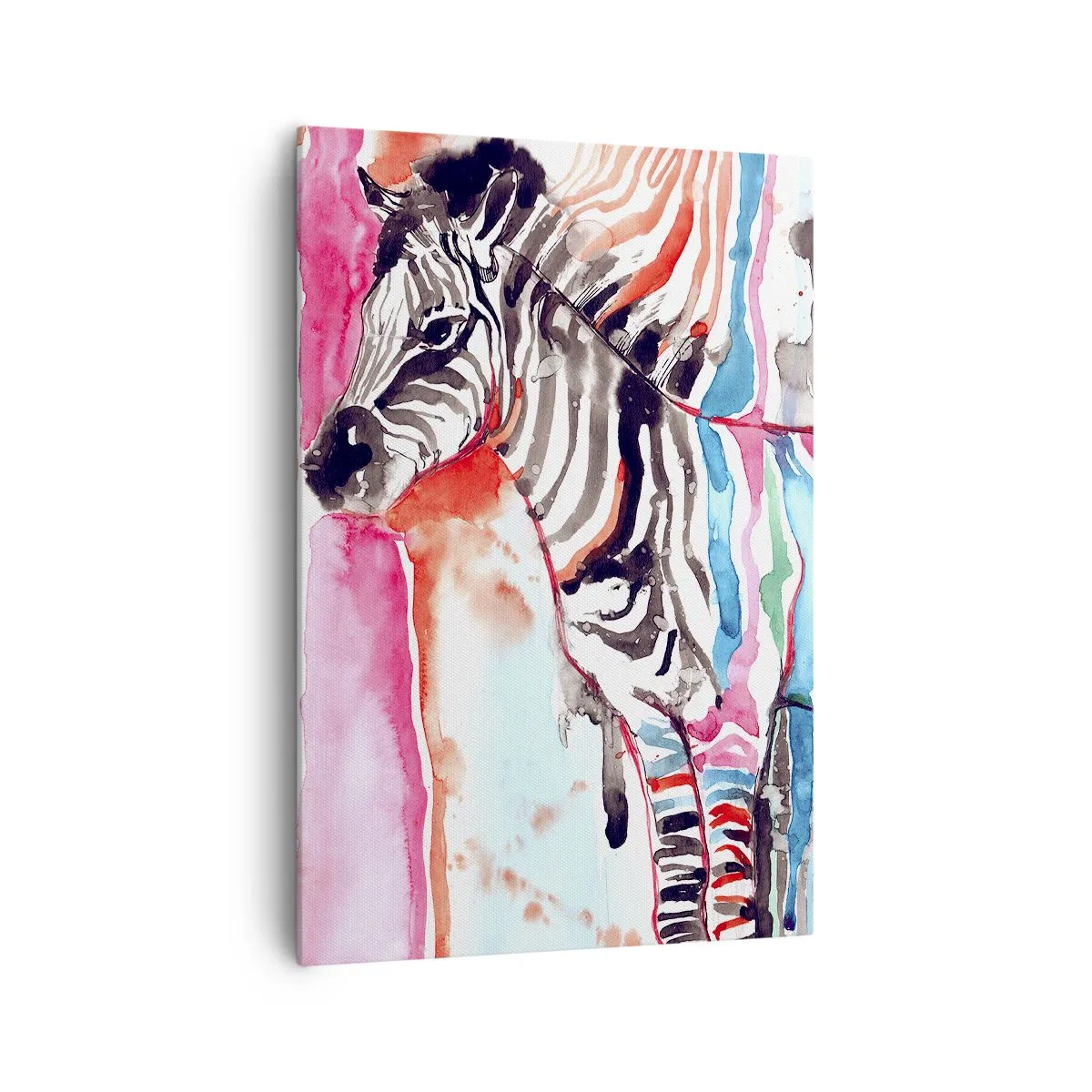 Bild auf Leinwand - Leinwandbild - Ein buntes Zebra vor einem Hintergrund aus abstrakten Aquarellmustern - 70x100cm - Unbeschwerter Witz der Natur - Moderne Wanddekoration für Wohnzimmer und Schlafzimmer ARTTOR