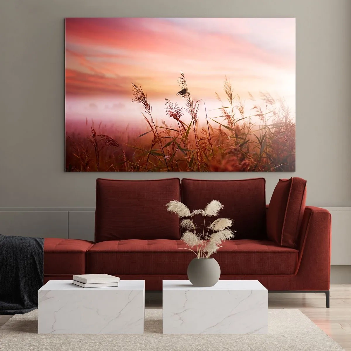 Glasbild - Bild auf glas - Eine Wiese im Morgennebel mit pastellfarbenem Himmel - 100x70cm - Drachen, Löwenzahn, Wind - Moderne Wanddekoration für Wohnzimmer und Schlafzimmer ARTTOR