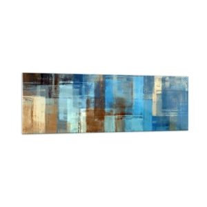 Glasbild - Bild auf glas - Abstrakte geometrische Komposition in Blau- und Brauntönen - 160x50cm - Durch den blauen Schleier - Moderne Wanddekoration für Wohnzimmer und Schlafzimmer ARTTOR