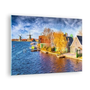 Glasbild - Bild auf glas - Malerische holländische Häuser am Wasser mit Windmühlen - 70x50cm - Seit Jahrhunderten keine Veränderung - Moderne Wanddekoration für Wohnzimmer und Schlafzimmer ARTTOR