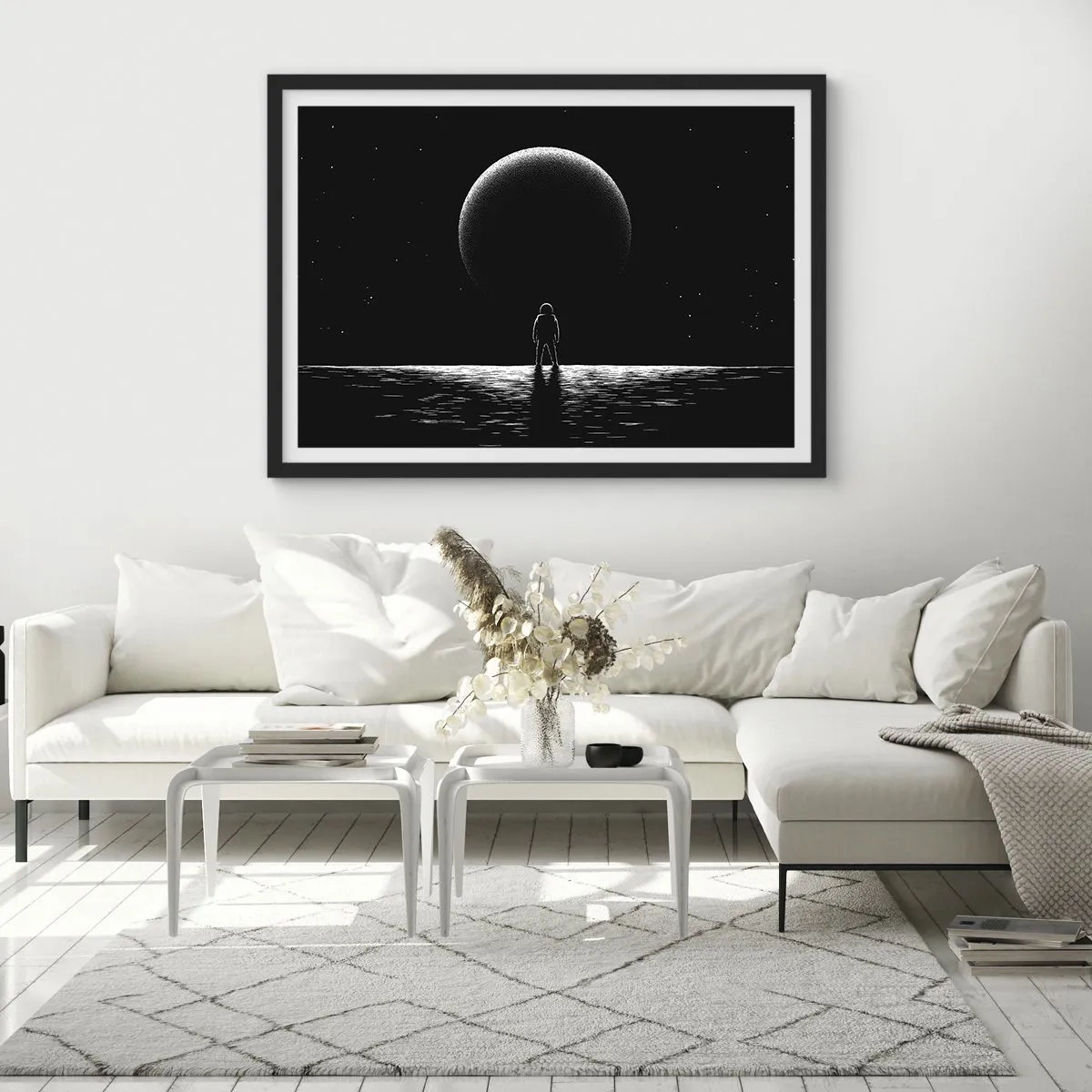 Poster in einem schwarzem Rahmen - Ein Astronaut vor dem Hintergrund eines großen Planeten im Weltraum - 70x50cm - Angesicht zu Angesicht - Moderne Wanddekoration für Wohnzimmer und Schlafzimmer ARTTOR