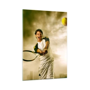 Glasbild - Bild auf glas - Ein Tennisspieler schlägt den Ball vor der Kulisse einer Stadt - 50x70cm - Energie und Freude - Moderne Wanddekoration für Wohnzimmer und Schlafzimmer ARTTOR