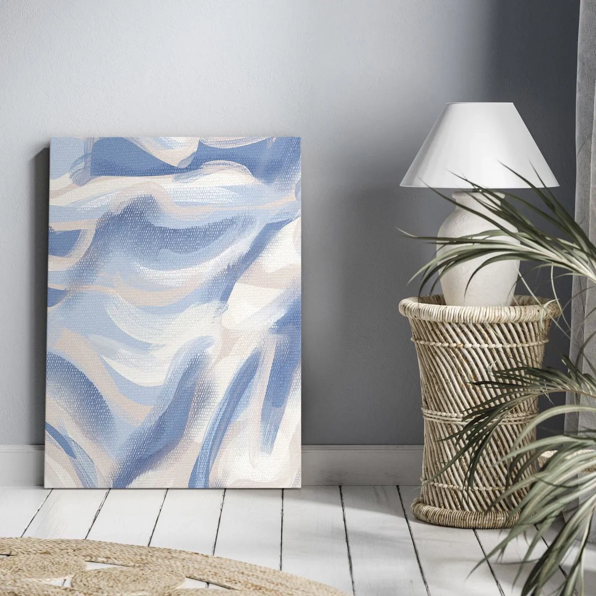 Bild auf Leinwand - Leinwandbild - Abstrakte Pinselstriche in Blau- und Beigetönen - 50x70cm - Blaue Wellen - Moderne Wanddekoration für Wohnzimmer und Schlafzimmer ARTTOR