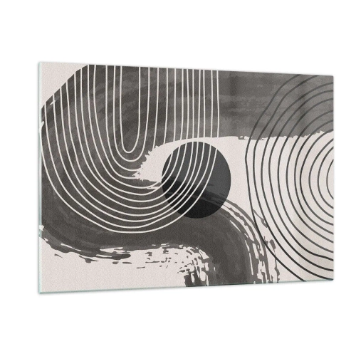 Glasbild - Bild auf glas - Moderne Abstraktion mit schwarzen und weißen Linien und einem Oval - 120x80cm - Oval gewinnt - Moderne Wanddekoration für Wohnzimmer und Schlafzimmer ARTTOR