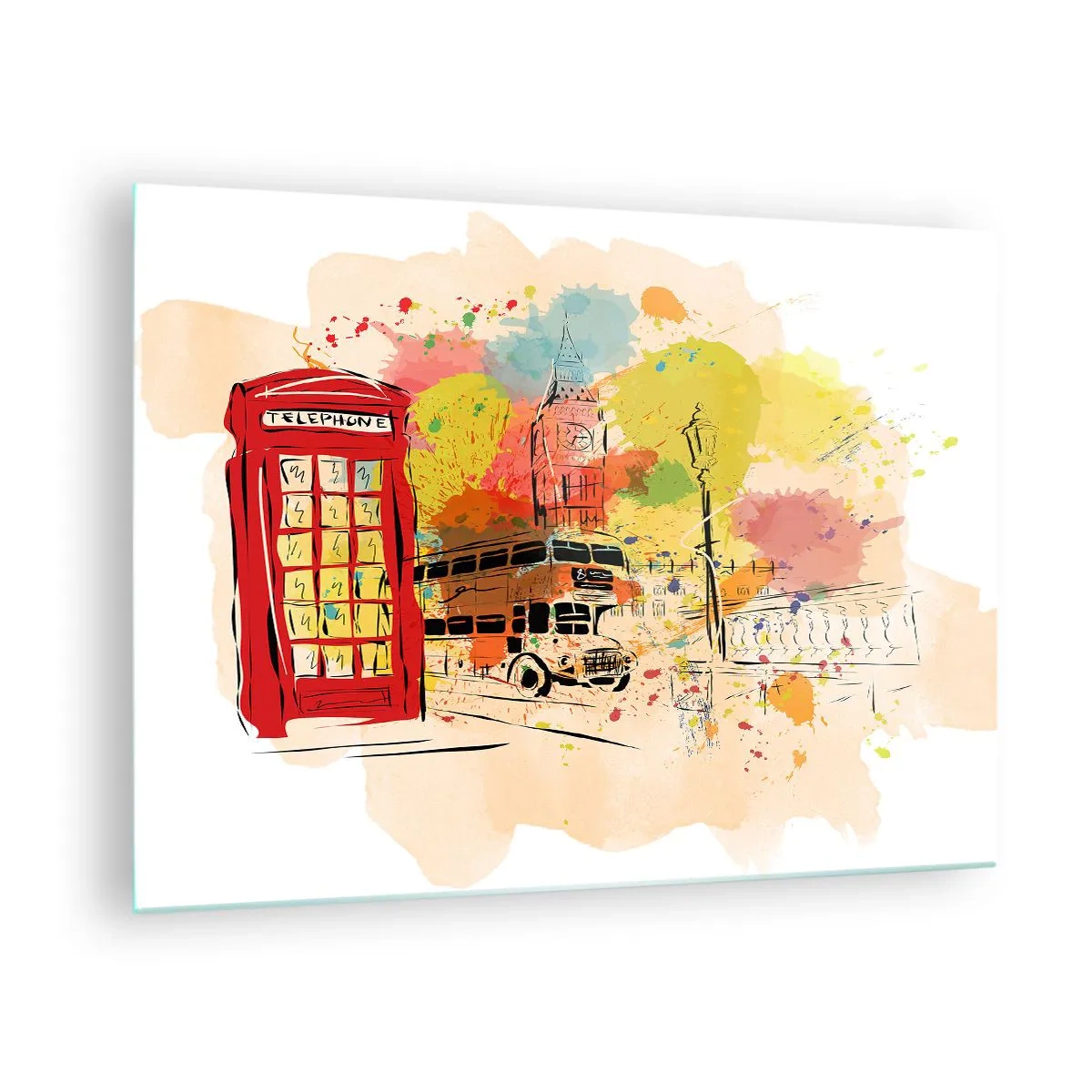 Glasbild - Bild auf glas - Eine rote Telefonzelle, ein Doppeldeckerbus und Big Ben - 70x50cm - Die Stadt der Vielfalt - Moderne Wanddekoration für Wohnzimmer und Schlafzimmer ARTTOR