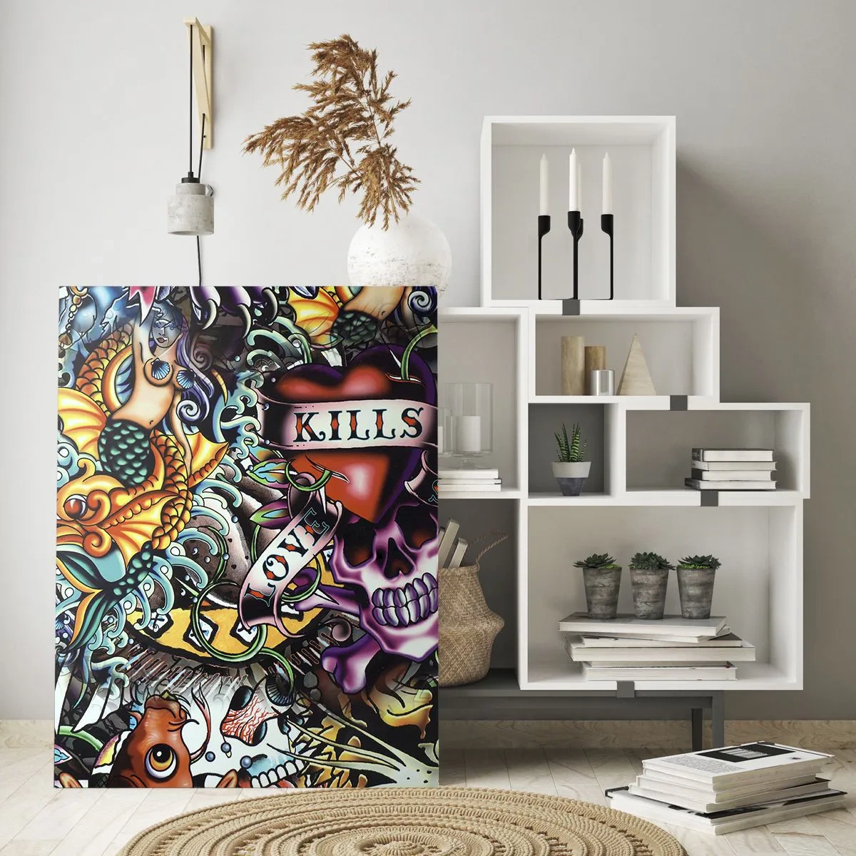 Glasbild - Bild auf glas - Eine farbenfrohe Komposition aus Mustern, inspiriert von der Tattoo-Kunst - 50x70cm - Der Traum des Tätowierers - Moderne Wanddekoration für Wohnzimmer und Schlafzimmer ARTTOR