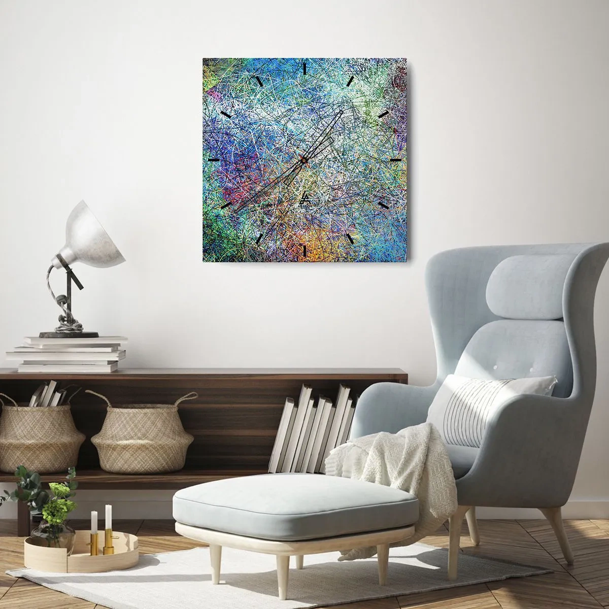 Wanduhr - Glasuhr - Abstrakte Komposition mit mehrfarbigen Linien und Texturen - 30x30cm - Es ist nicht so einfach - Moderne Wanddekoration für Wohnzimmer und Schlafzimmer ARTTOR
