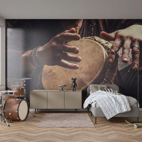Fototapete Premium Canvas - Im Rhythmus des Herzens - Trommelspiel, Afrika, Musik - 450x315 cm