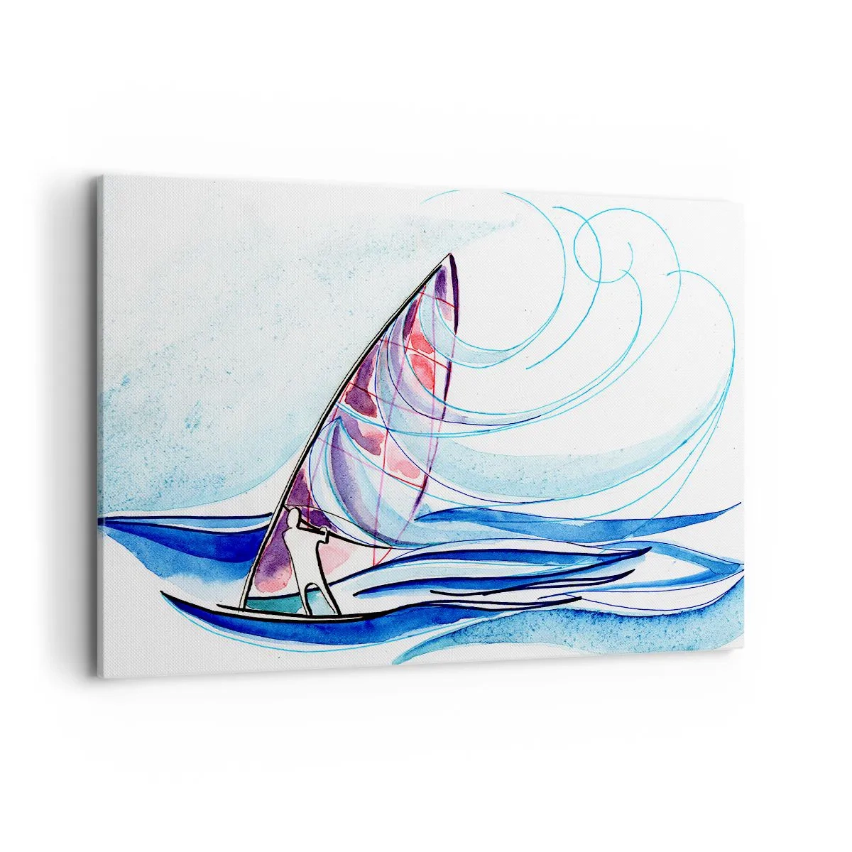 Bild auf Leinwand - Leinwandbild - Ein Surfer, der in einer abstrakten Aquarellkomposition auf den Wellen reitet - 100x70cm - Mit dem Wind im Rhythmus der Wellen - Moderne Wanddekoration für Wohnzimmer und Schlafzimmer ARTTOR
