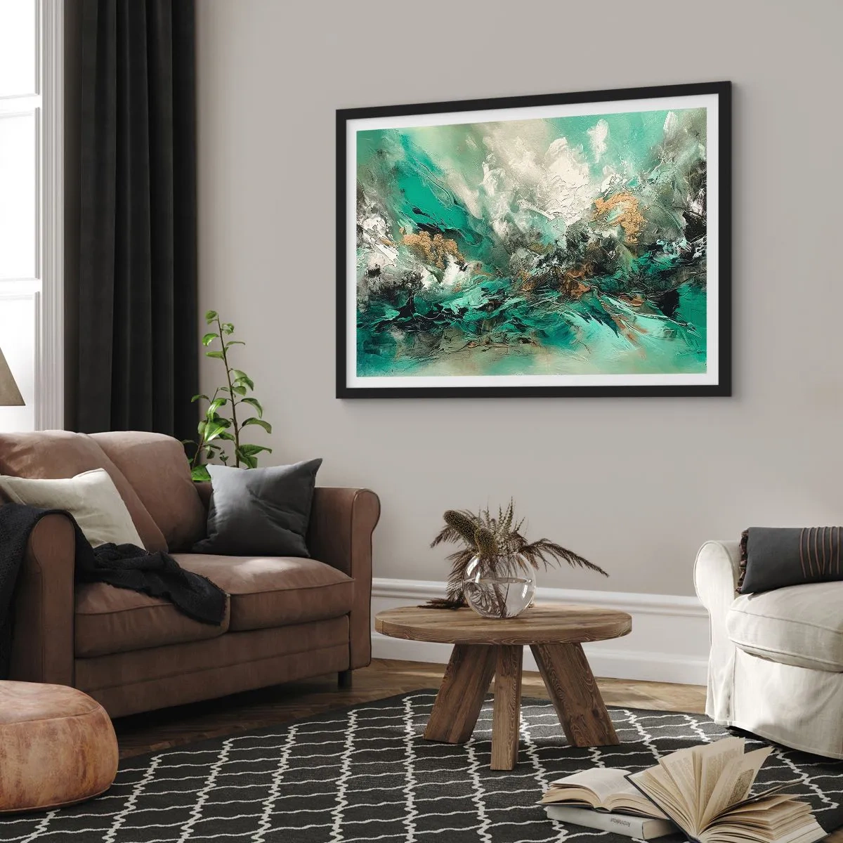 Poster in einem schwarzem Rahmen - Abstrakte Landschaft in Grün- und Goldtönen - 70x50cm - Smaragdgrüne und schwarze Brandung - Moderne Wanddekoration für Wohnzimmer und Schlafzimmer ARTTOR