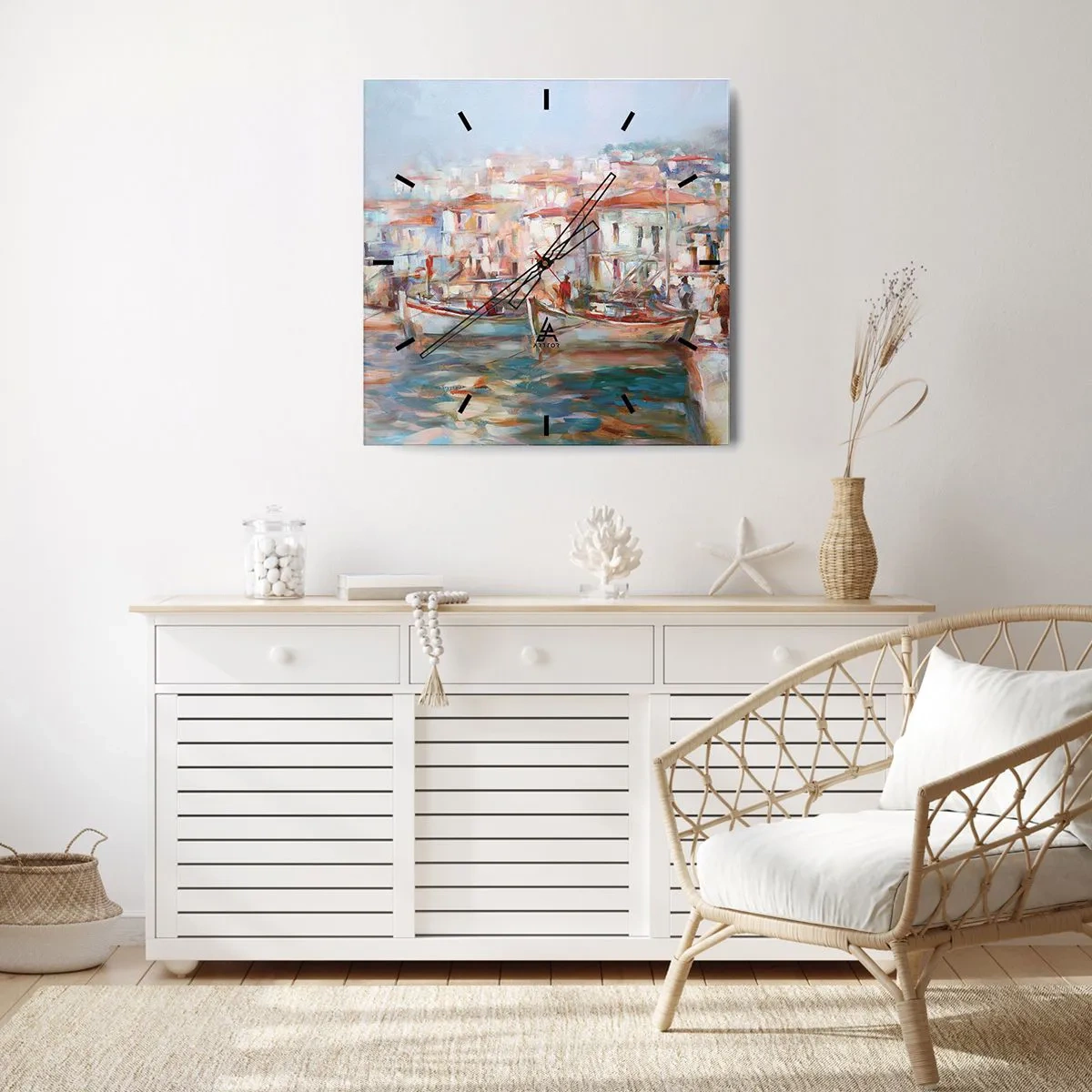 Wanduhr - Glasuhr - Hafenimpression mit Booten und Gebäuden - 30x30cm - Pastell-Sommerferien - Moderne Wanddekoration für Wohnzimmer und Schlafzimmer ARTTOR