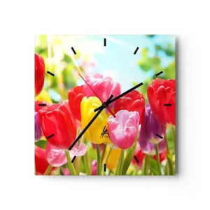 Wanduhr - Glasuhr - Bunte Tulpen in voller Blüte vor einem Frühlingshintergrund - 30x30cm - Wir sind es, die Farben des Mais! - Moderne Wanddekoration für Wohnzimmer und Schlafzimmer ARTTOR