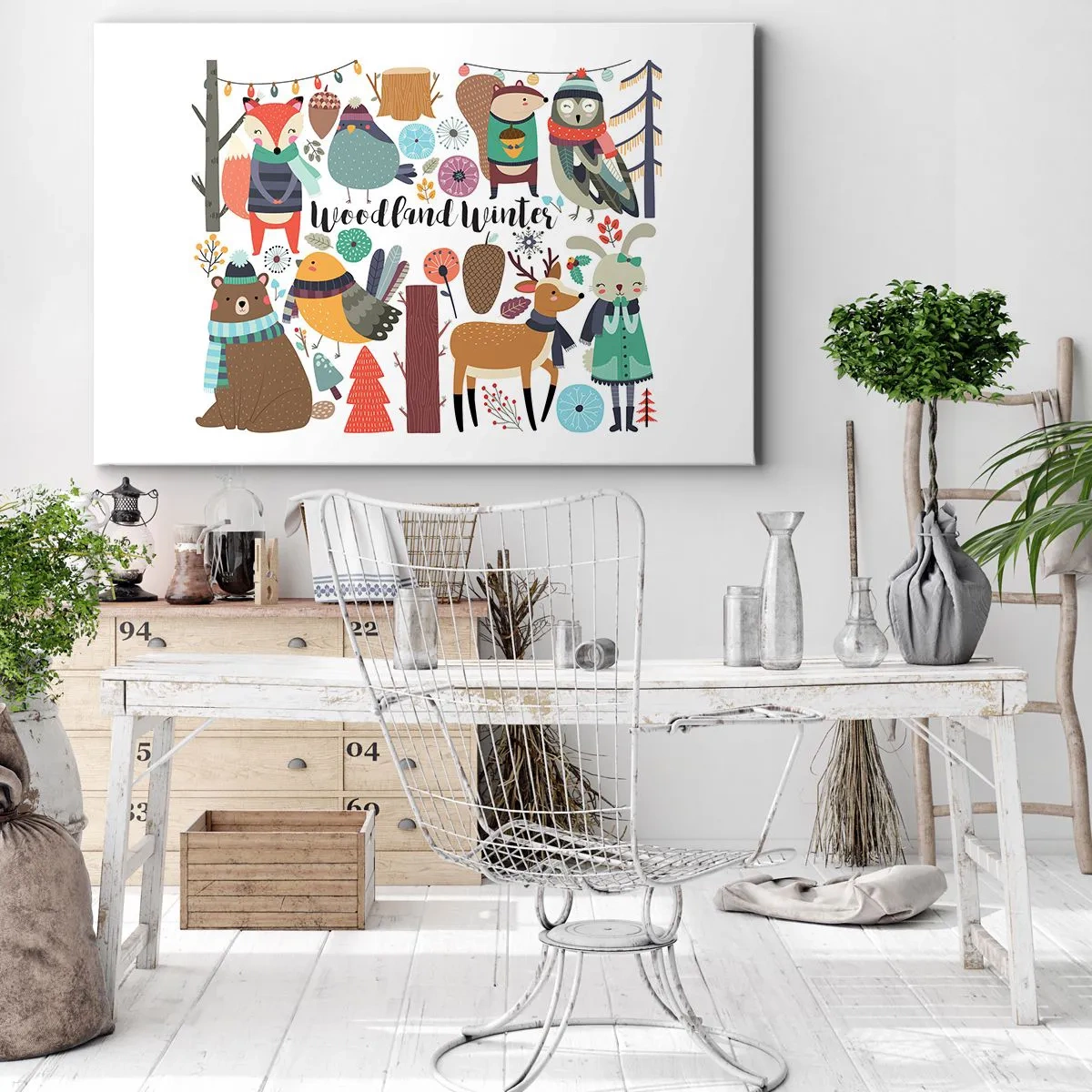 Bild auf Leinwand - Leinwandbild - Winterwaldtiere in farbenfrohen Grafiken - 70x50cm - Märchenhafter Urlaub im Wald - Moderne Wanddekoration für Wohnzimmer und Schlafzimmer ARTTOR