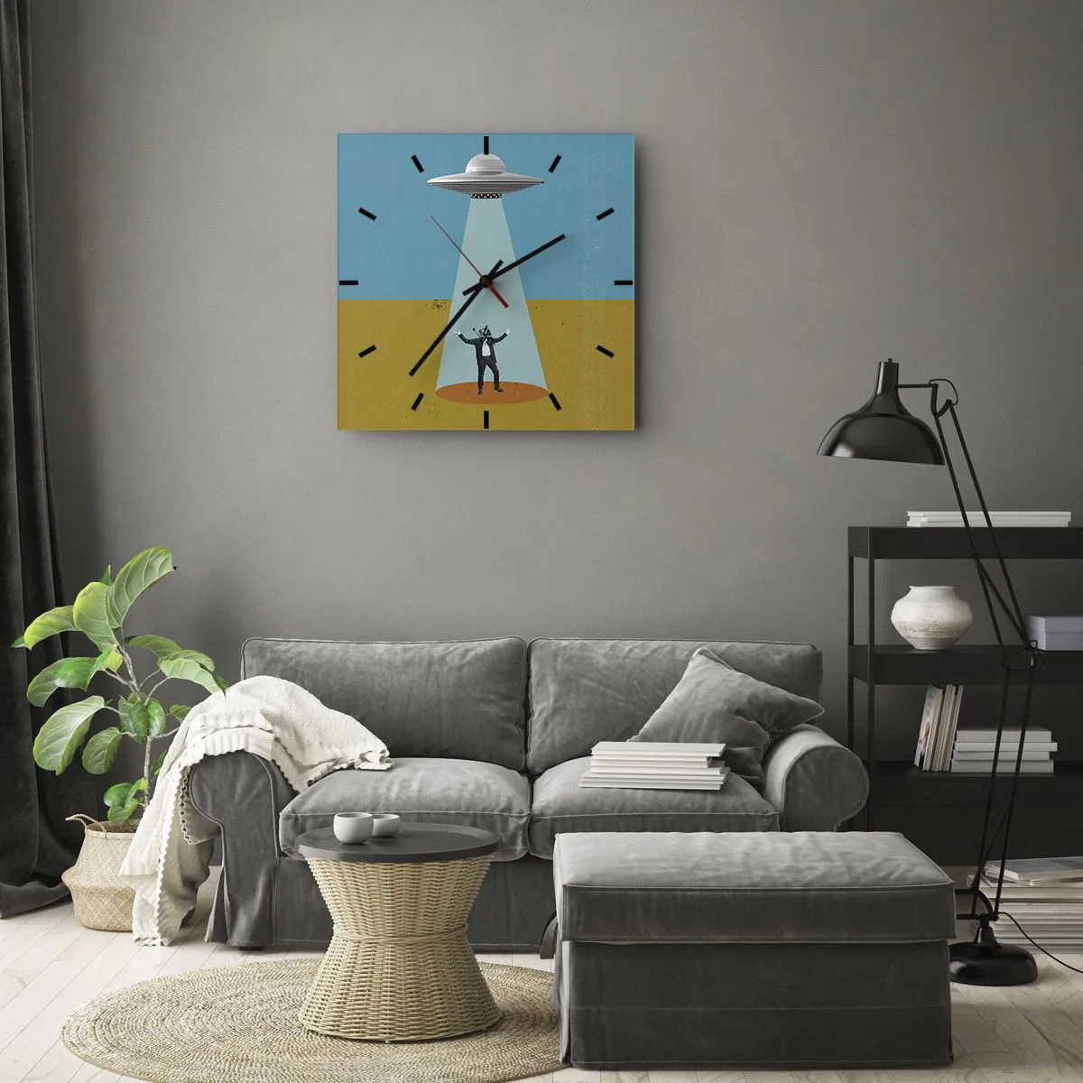 Wanduhr - Glasuhr - Ein Mann im Licht eines UFOs vor dem Hintergrund einer farbenfrohen Landschaft - 30x30cm - Nahe Begegnung - Moderne Wanddekoration für Wohnzimmer und Schlafzimmer ARTTOR
