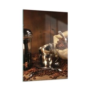 Glasbild - Bild auf glas - Kaffeemaschine, Tassen und eine Tüte Kaffeebohnen - 50x70cm - Der Charme des Kaffees - Aroma und Geschmack - Moderne Wanddekoration für Wohnzimmer und Schlafzimmer ARTTOR