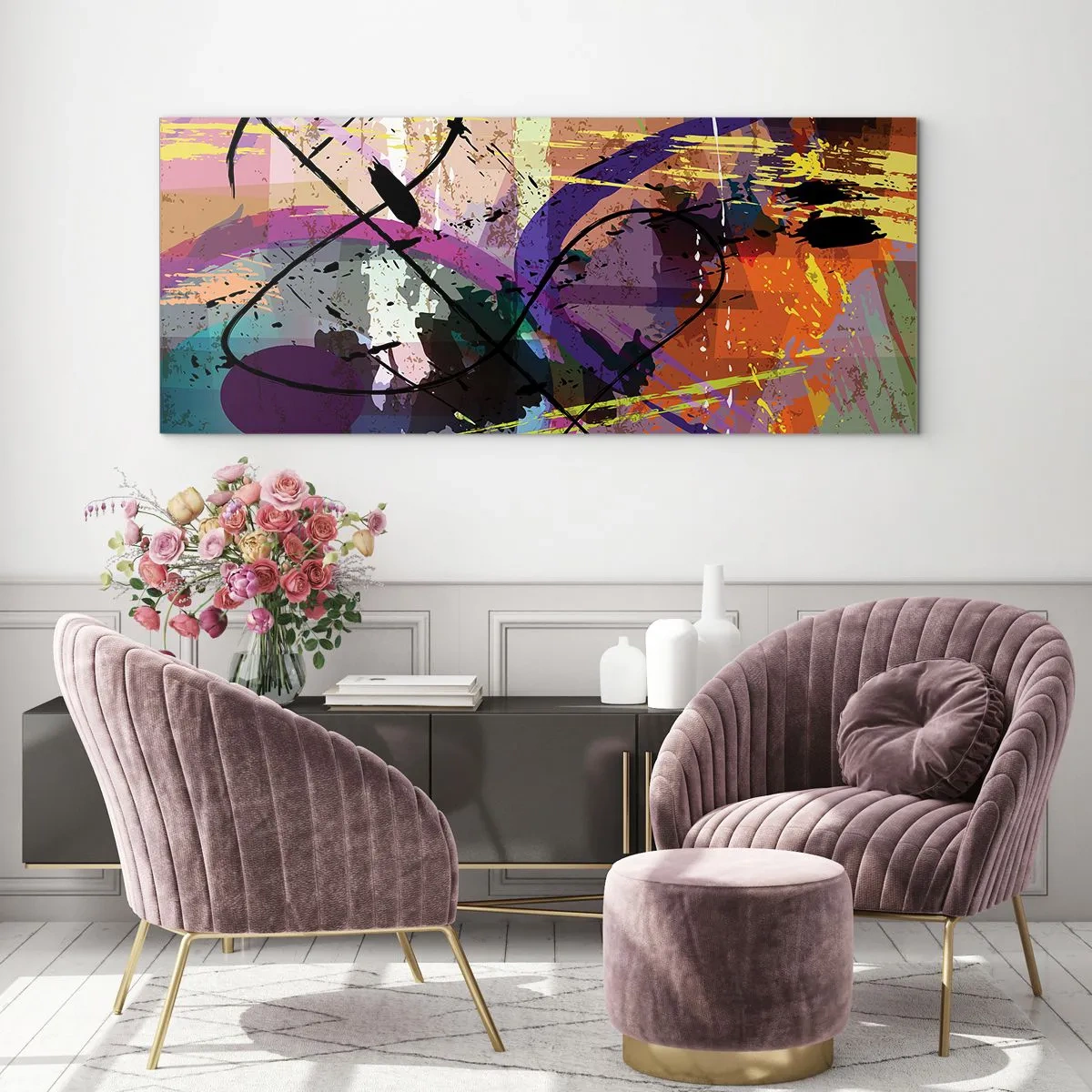 Glasbild - Bild auf glas - Ein farbenfrohes abstraktes Muster mit dynamischen Linien und Formen. - 120x50cm - Du kannst geradeaus oder umhergehen - Moderne Wanddekoration für Wohnzimmer und Schlafzimmer ARTTOR